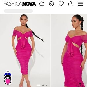 Fashion Nova Hot Pink Off-Shoulder Ruched Maxi Dress With Cut Outs In The Front